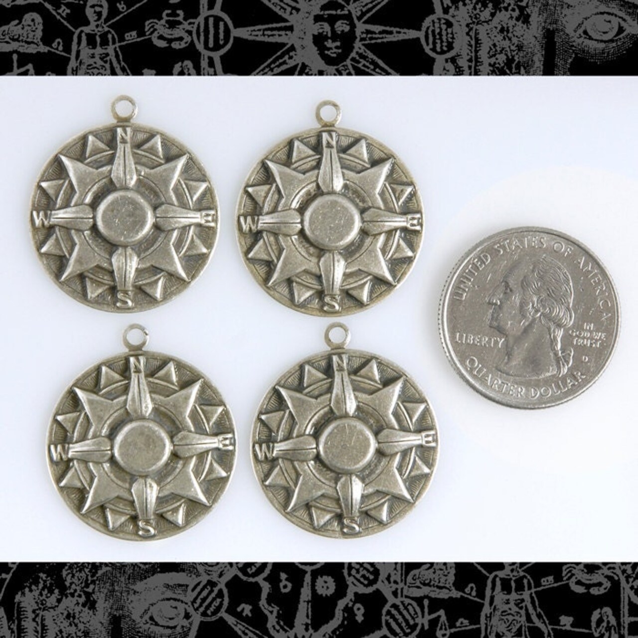 Antiqued Silver Plated Brass Faux Compass Charms with Rings - Set of Four - S-C68